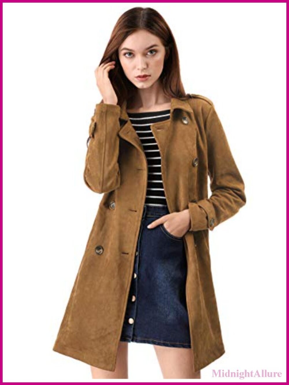 Faux Suede Trench Coat Double Breasted Long Jacket with Belt